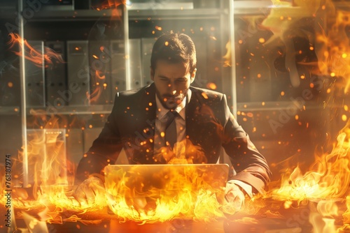 Concept of burning deadlines and urgency. Man works in the office with a burning laptop computer and desk in flames. Stress and tension are palpable as he strives to meet the demands of his work.