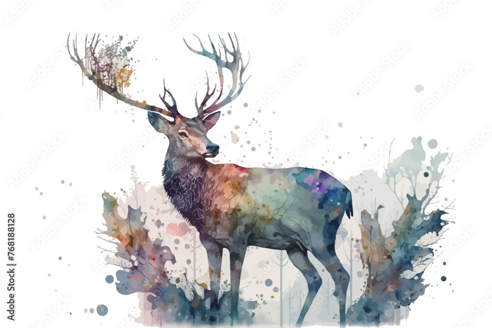 Watercolor background with deer. Animal vector backdrop. Nature illustration.