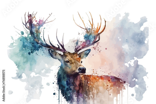 Watercolor background with deer. Animal vector backdrop. Nature illustration. #768188175