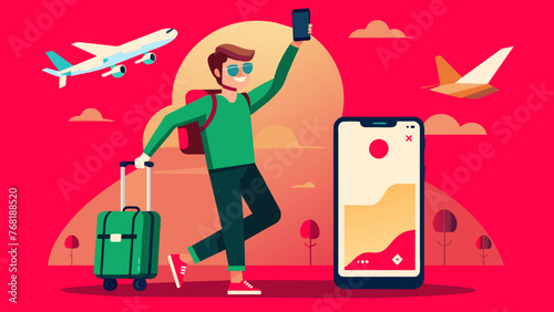 Digital Nomad’s Journey: A Man Traveling with Phone in Hand, Navigating the World with a Travel App