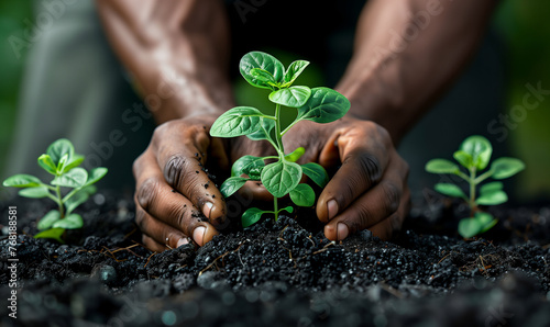 Farmer planting a small green seedling in fertile soil. Nature conservation concept,gardening and sustainable development