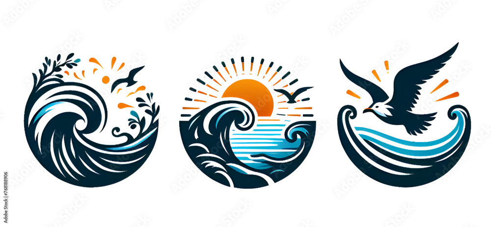 collection of ocean logo with waves and seagulls isolated on white background