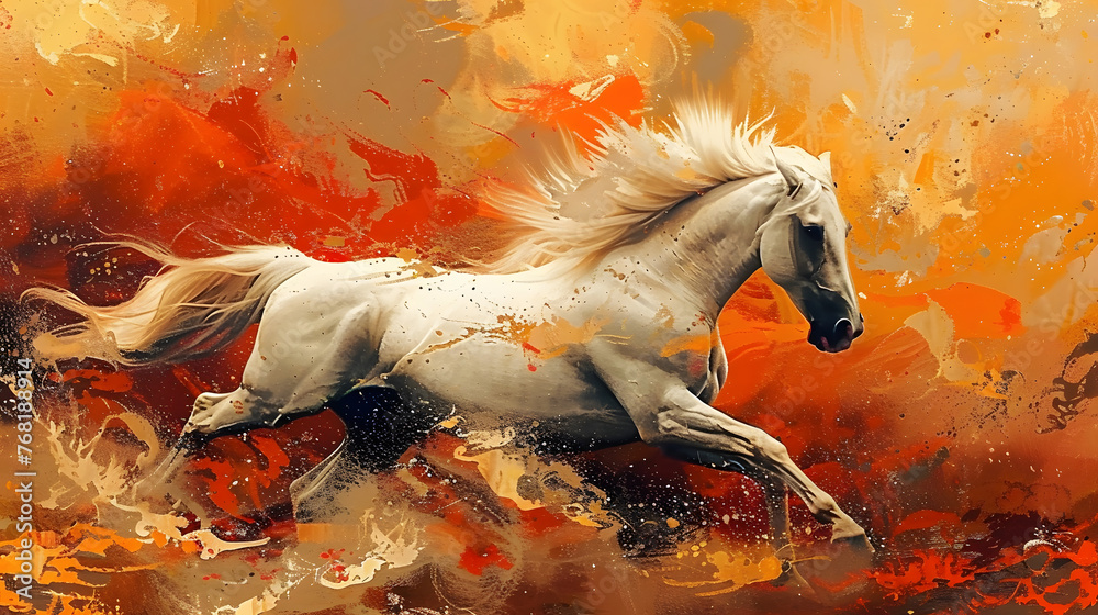 An abstract artistic background with vintage illustrations, horses, chinoiserie, golden brush strokes. Oil on canvas. Modern artwork for wallpapers, posters, cards, murals, prints, wall art, etc. - obrazy, fototapety, plakaty 