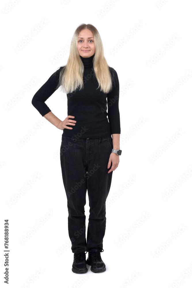 portrait of a blonde woman standing with arms akimbo on white background portrait of a blonde woman standing with arms akimbo on white background