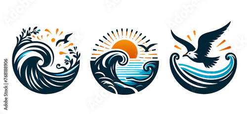 collection of ocean logo with waves and seagulls isolated on white background