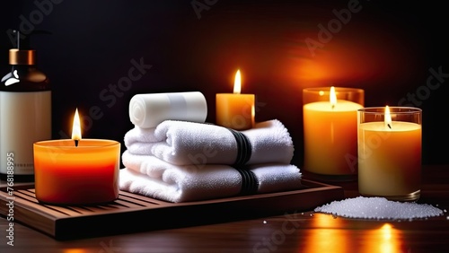 bath accessories, creams, soap, shampoo, towels, candles, relaxation, dark backgroun.