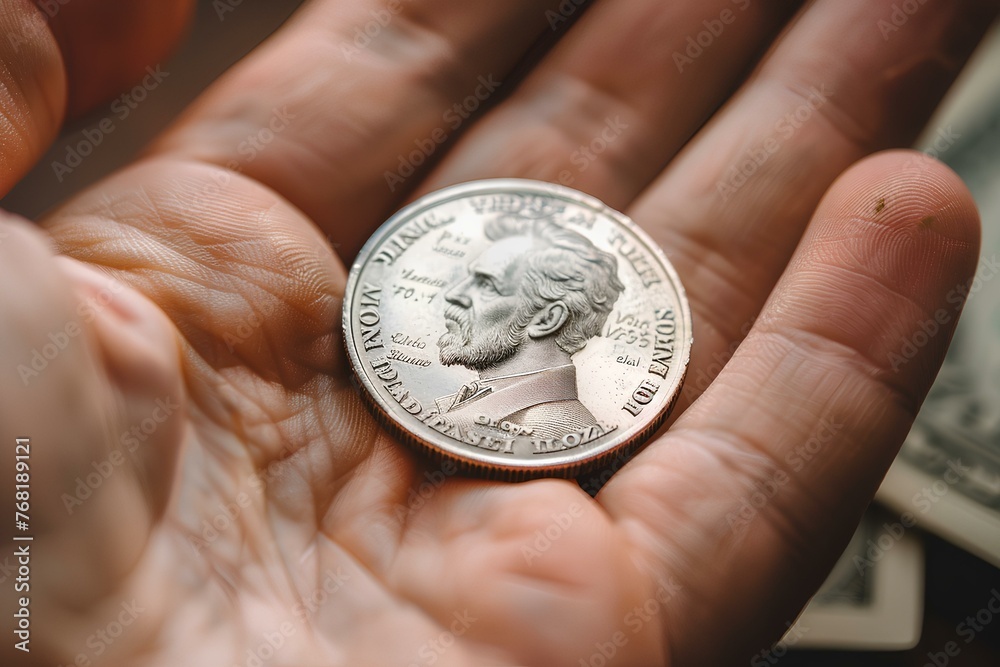 A person holding a coin in their hand with money in the background and a few bills in the A person holding a coin in their hand with money in the background and a few bills in the