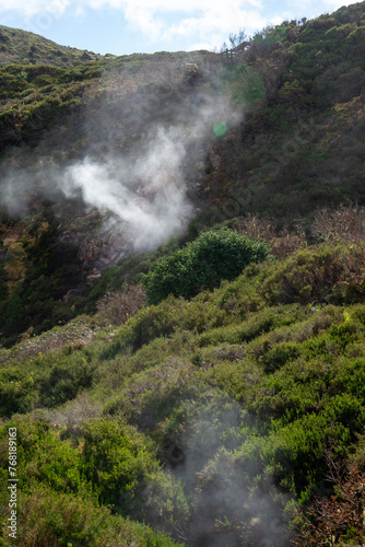 Surreal landscape of sulfur fumaroles at Terceira Island  Azores. Captivating natural wonders amid volcanic terrain.
