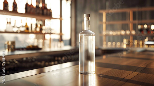 A bottle of artisanal vodka with a sleek appearance and simple label sticks out on a contemporary bar counter, its crystal-clear contents calling out to be tasted and captured in breathtaking high def photo