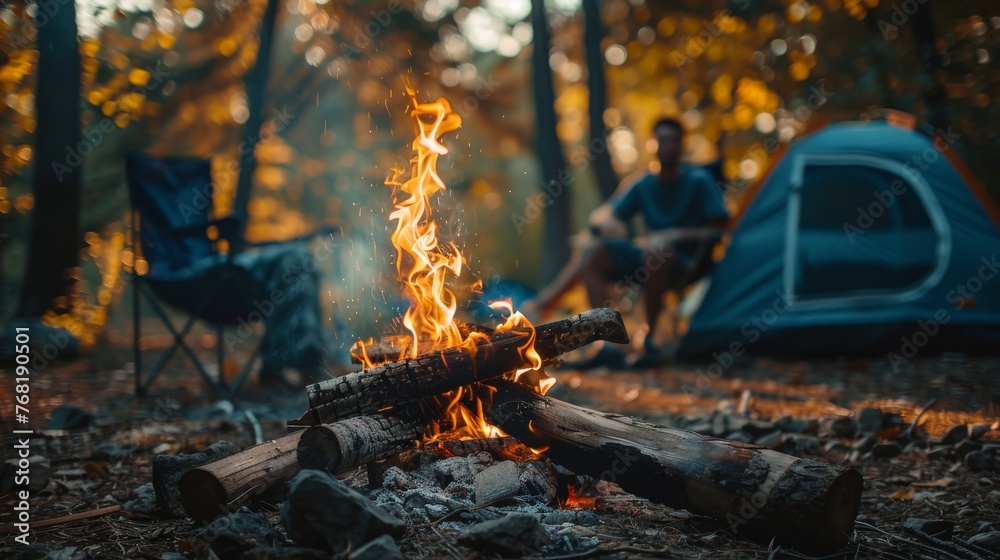 bonfire with burning firewood near chairs and camping tent in forest. mid-day sunlight 