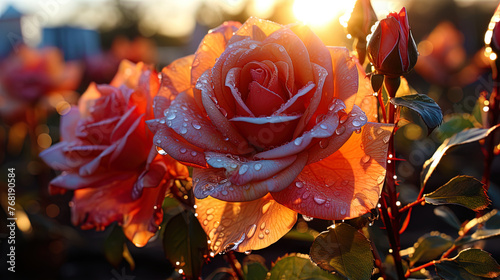 A delicate rose that reveals its petals under the rays of the morning sun, like a living symbol photo