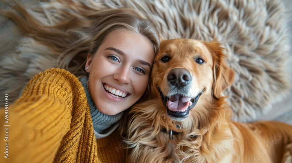 Φωτογραφία Smiling woman with blond hair with golden retriever dog, taking selfie on cell phone