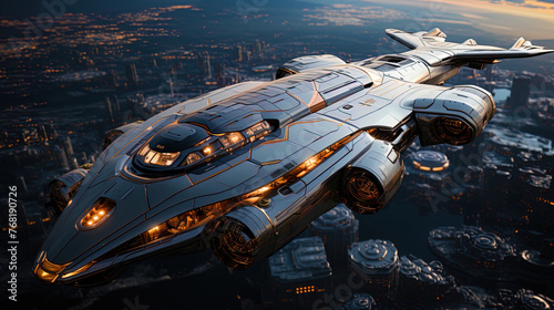 A futuristic starship flying around with star storms, like a hero of a saga on an endless jo photo