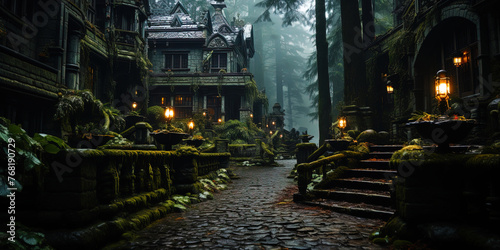 A gloomy old mansion, surrounded by dense greenery of the forest, like an abandoned castle in a d