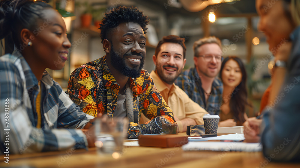 People gathered, seated around a wooden table in contemporary office space. Generative AI People gathered, seated around a wooden table in contemporary office space. Generative AI