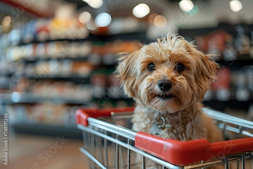 Cute dog sitting in a shopping cart at a grocery store with a blurred shop mall background. Concept Pets, Shopping, Cute Animals, Indoor Photography, Fun Environment