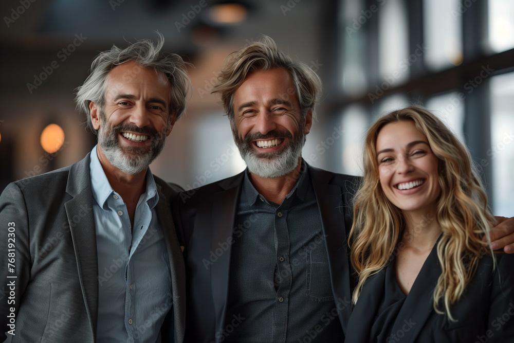 Caucasian business man and woman are laughing and talking together in the office. Caucasian business man and woman are laughing and talking together in the office.