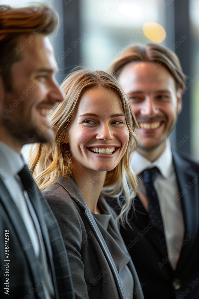 Caucasian business man and woman are laughing and talking together in the office. Caucasian business man and woman are laughing and talking together in the office.