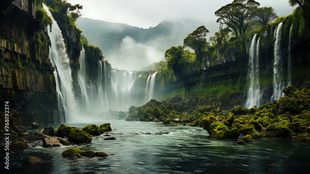 A stunning waterfall, shrouded in a light fog, like a goddess of nature, covering itself with a - obrazy, fototapety, plakaty 