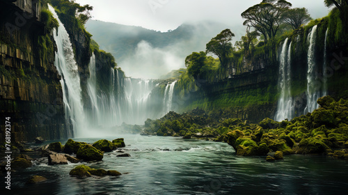 A stunning waterfall, shrouded in a light fog, like a goddess of nature, covering itself with a