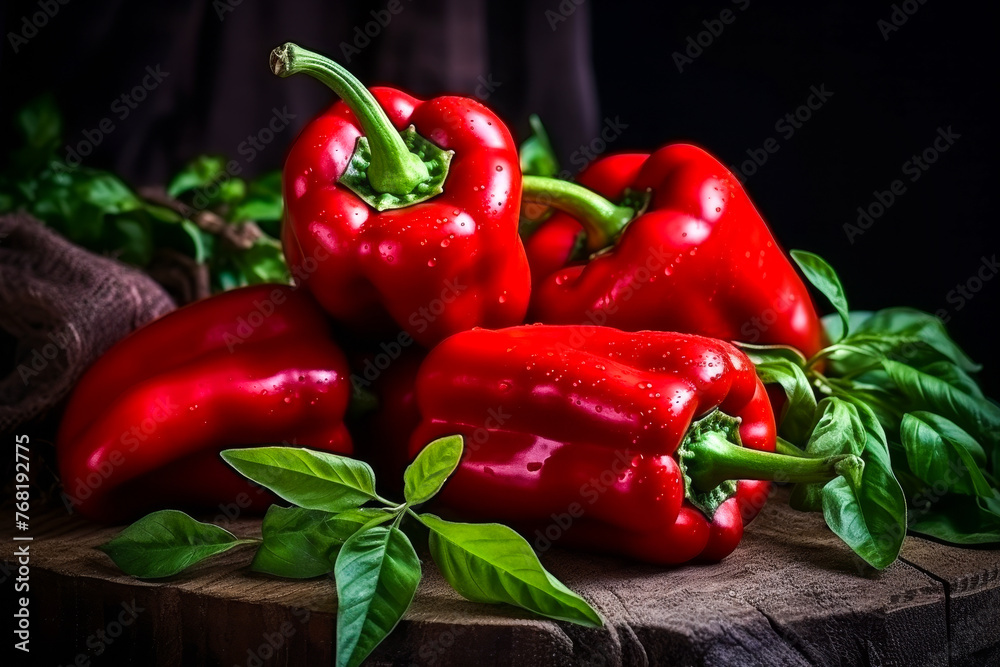 The composition of fresh red peppers with green leaves on a wooden table, ripe red paprika The composition of fresh red peppers with green leaves on a wooden table, ripe red paprika