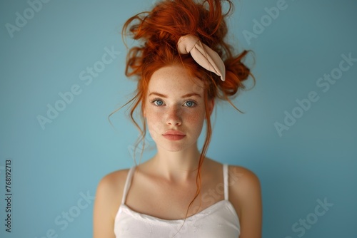 A young woman with red hair in a ponytail and scrunchy is posing for a picture.