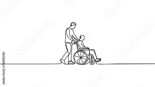 Man carries a disabled in a wheelchair continuous one line vector drawing. Caregiver carry Wheelchair with a man. People medical Long Term Care Concept. Minimalistic Vector Illustration.