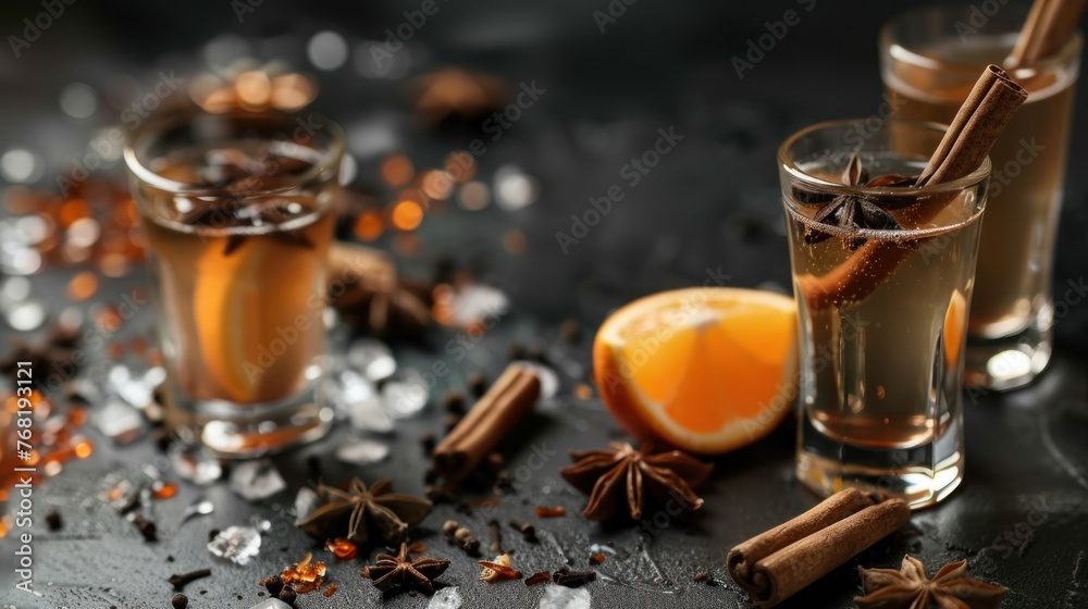 Whiskey, brandy or liquor, coffee beans, spices and decorations on a dark background. Whiskey, brandy or liquor, coffee beans, spices and decorations on a dark background.