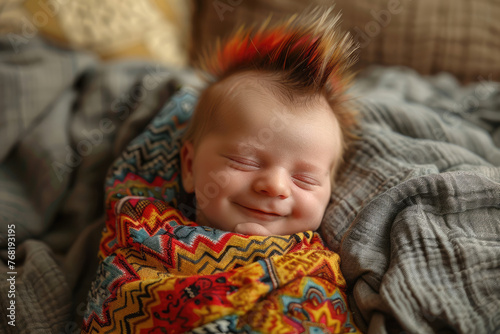 Funny baby with colored punk mohawk