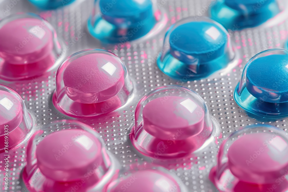 A close-up view of numerous pink and blue pills in blister packs. A close-up view of numerous pink and blue pills in blister packs.