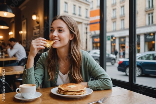 Young Woman Sitting Inside Cafe By Window Eating Cheese Pancakes