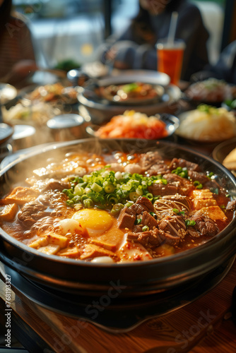 A group of Asian men and women are eating sukiyaki in a restaurant.