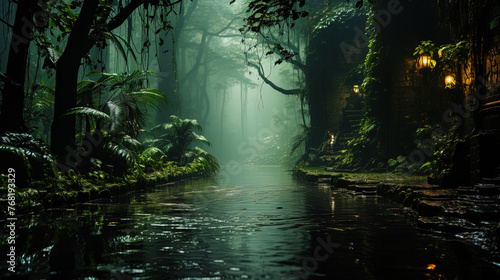 Ghostly jungle with foggy thickets and wet air, like a dream in the arms of natu © JVLMediaUHD