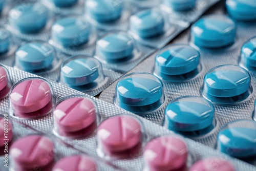 Detailed view of various blue and pink pills arranged in blister packs.