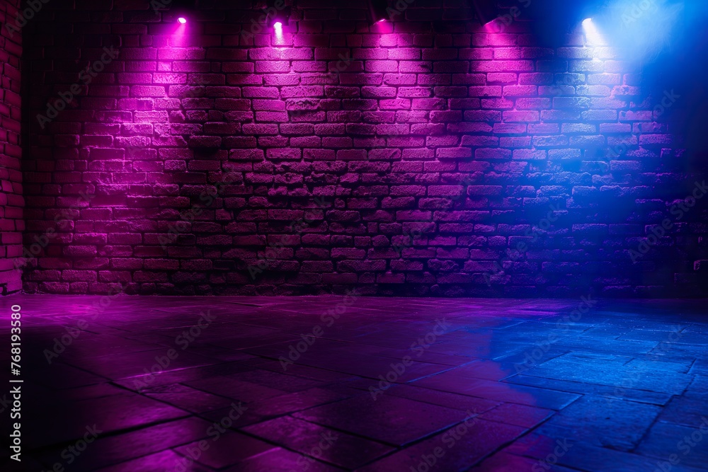 A brick wall illuminated by three spotlights, casting shadows and highlighting the texture of the bricks.