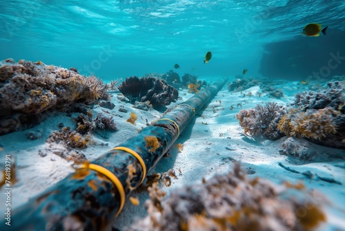A large pipe is seen laying on top of the sandy ocean floor.