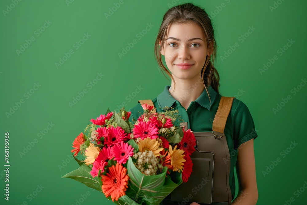 A woman holding a bouquet of flowers against a bright green backdrop. A woman holding a bouquet of flowers against a bright green backdrop.