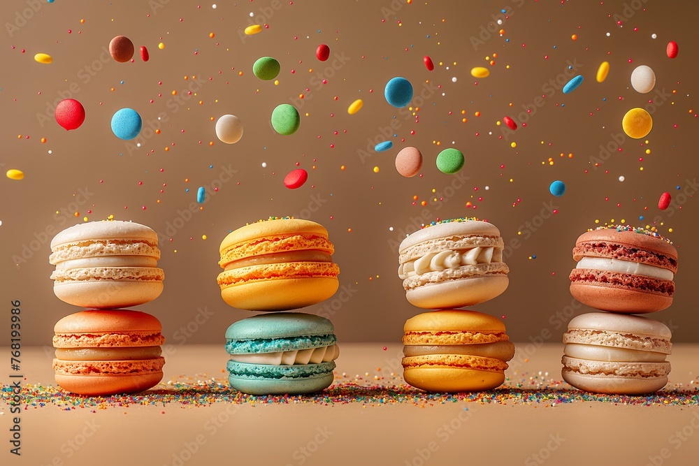 A row of vibrant macaroons with colorful sprinkles on top. A row of vibrant macaroons with colorful sprinkles on top.