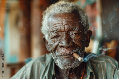 Old senior African American man smoking a cigar