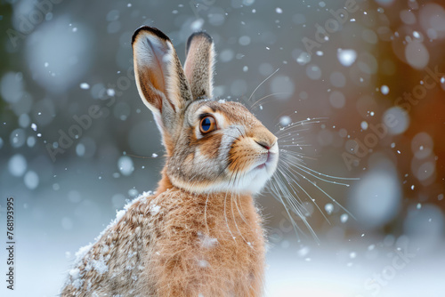 Brown fluffy hare in the snow © Michael