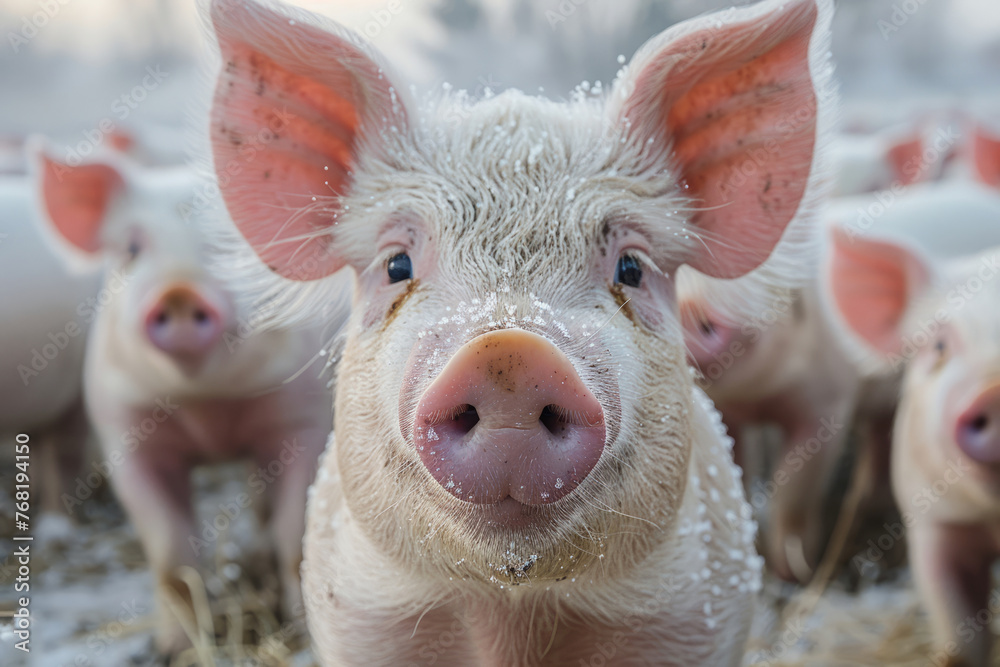 Piglet with large ears stands in a barnyard with other pigs in the background. Pig farm Piglet with large ears stands in a barnyard with other pigs in the background. Pig farm