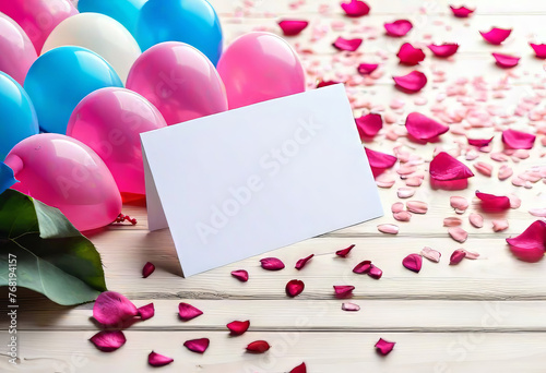 Blank card with balloons on wooden background, with confetti, print and background for greeting card,