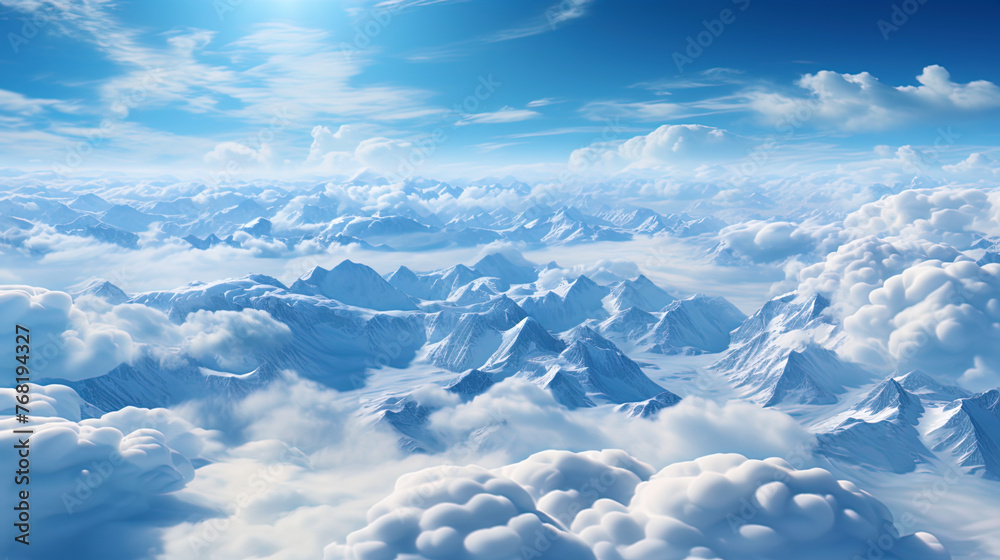 Snow white clouds, like fluffy pillows, gently covering the heavenly su Snow white clouds, like fluffy pillows, gently covering the heavenly su