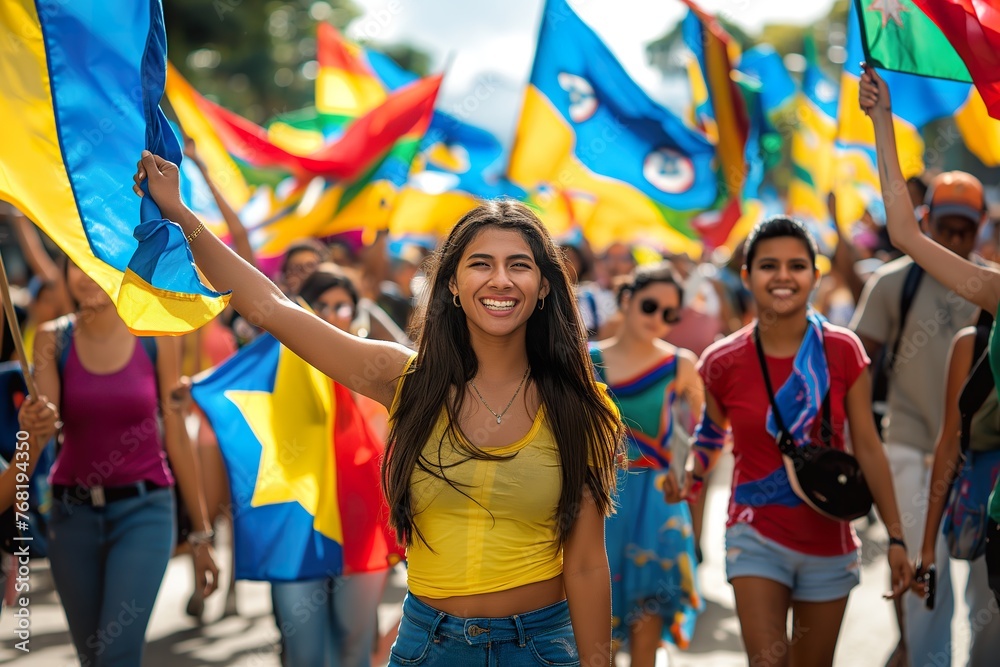 Crowd of individuals carrying Venezuela flags while strolling along a city road.