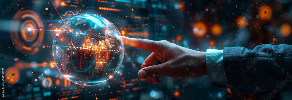 Selective focus of A businessman is holding a hologram showing a digital globe consisting of technology and social icons. Selective focus of A businessman is holding a hologram showing a digital globe consisting of technology and social icons.