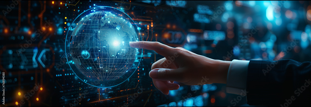 Selective focus of A businessman is holding a hologram showing a digital globe consisting of technology and social icons. Selective focus of A businessman is holding a hologram showing a digital globe consisting of technology and social icons.