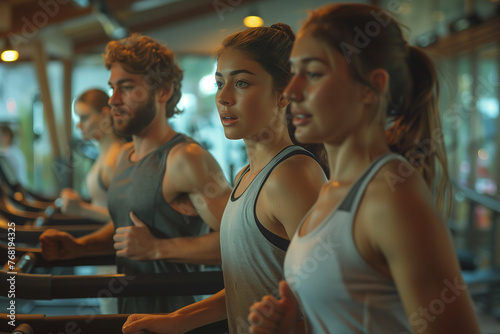 Caucasian man and woman in exercise clothes running on treadmills in gym.