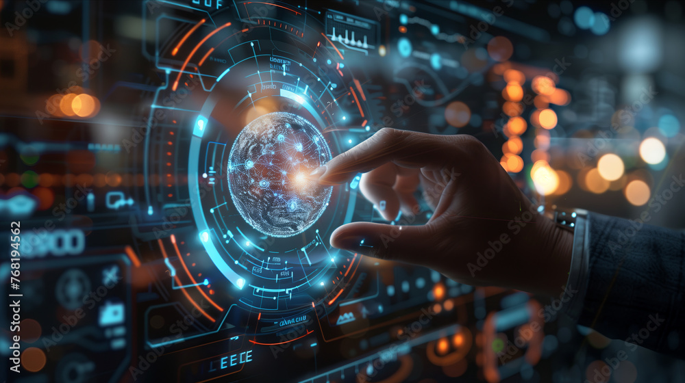 Selective focus of A businessman is holding a hologram showing a digital globe consisting of technology and social icons. Selective focus of A businessman is holding a hologram showing a digital globe consisting of technology and social icons.
