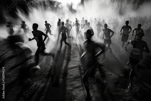 A black and white image of a group of individuals energetically running.