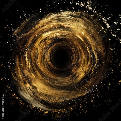 A swirling black and gold pattern stands out against a stark black background in this abstract composition